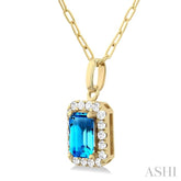 6x4 MM Octagonal Shape Blue Topaz and 1/6 Ctw Round Cut Diamond Halo Semi-Precious Pendant with Chain in 10K Yellow Gold
